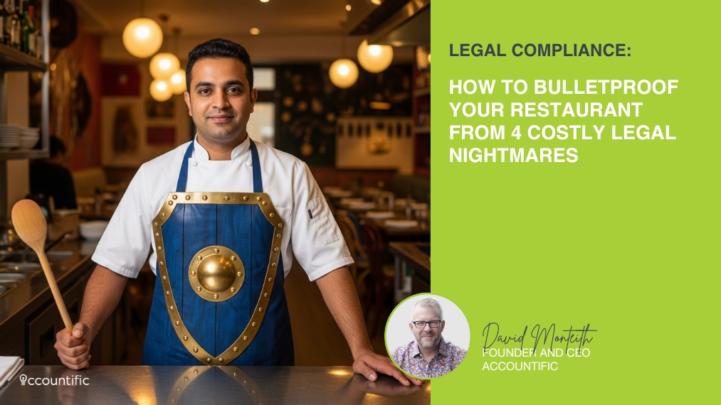 A blog image featuring a chef in a shield-shaped apron. The text reads: "Legal Compliance: How to Bulletproof Your Restaurant from 4 Costly Legal Nightmares." The image includes the Accountific logo and a photo of its CEO, David Monteith.
