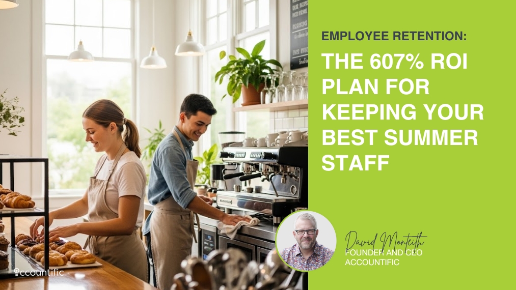An image of two happy young staff members working in a bright cafe. A text overlay on the right reads: "EMPLOYEE RETENTION: THE 607% ROI PLAN FOR KEEPING YOUR BEST SUMMER STAFF," and includes a headshot of David Monteith, Founder and CEO of Accountific.