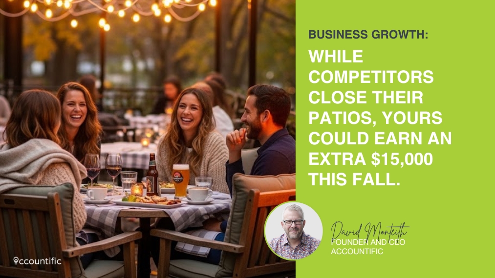 A group of friends laughing at a table on a cozy, well-lit restaurant patio. A text overlay reads: "Business Growth: While Competitors Close Their Patios, Yours Could Earn an Extra $15,000 This Fall." The image includes a headshot of David Monteith, Founder and CEO of Accountific.