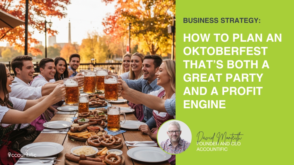 A group of happy people in traditional attire toasting with beer steins at an outdoor Oktoberfest patio in Canada, surrounded by autumn leaves. The image promotes an article on planning a profitable restaurant event.