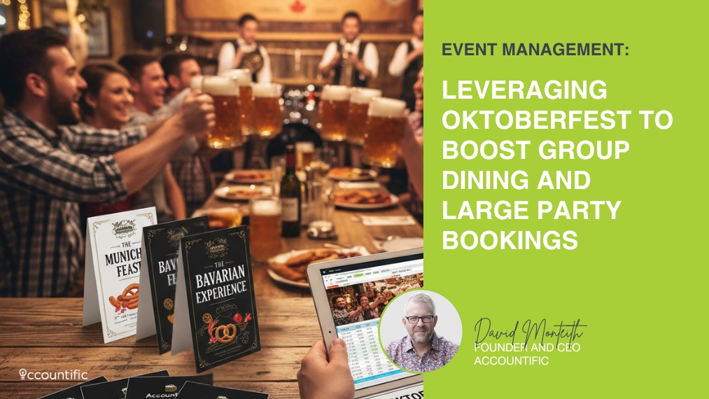 A restaurant owner reviews financial data on a tablet with Oktoberfest group booking flyers and beer steins in the foreground, as happy guests toast in the background, illustrating event management and profit engineering for large party bookings.