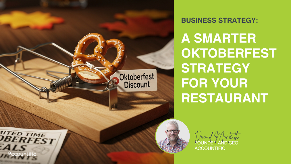 A mousetrap baited with a pretzel labeled 'Oktoberfest Discount,' illustrating the financial trap of discount-based marketing for restaurant owners.
