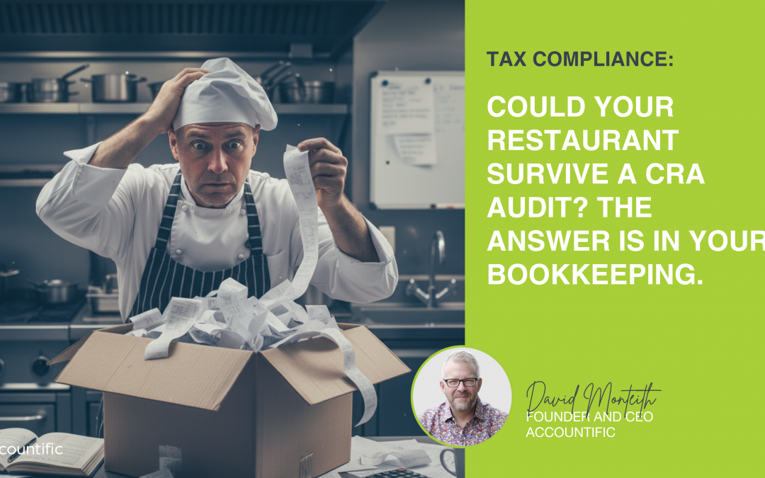 Stressed chef with receipts in kitchen, "Tax Compliance: Could Your Restaurant Survive a CRA Audit?"