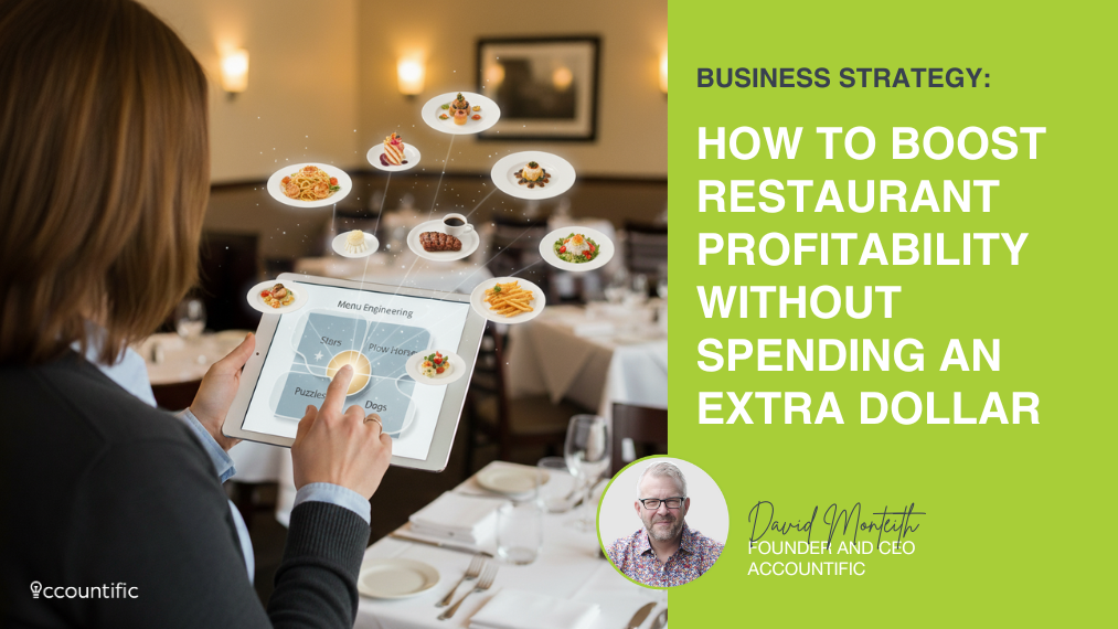 Restaurant owner analysing a menu engineering matrix on a tablet, with holographic menu items like pasta, steak, and desserts radiating from the screen, set in a modern dining room. The tablet shows 'Stars' quadrant highlighted, indicating strategic menu optimisation for profitability.