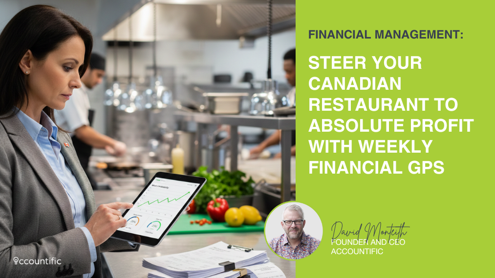 A professional woman in a grey suit and blue shirt stands in a busy commercial kitchen, intently reviewing a financial dashboard on a tablet showing positive profit growth. In the background, kitchen staff work, and fresh produce is visible on a stainless steel counter next to a stack of organized financial documents. The image is part of a blog graphic titled "FINANCIAL MANAGEMENT: STEER YOUR CANADIAN RESTAURANT TO ABSOLUTE PROFIT WITH WEEKLY FINANCIAL GPS" with a founder's headshot.