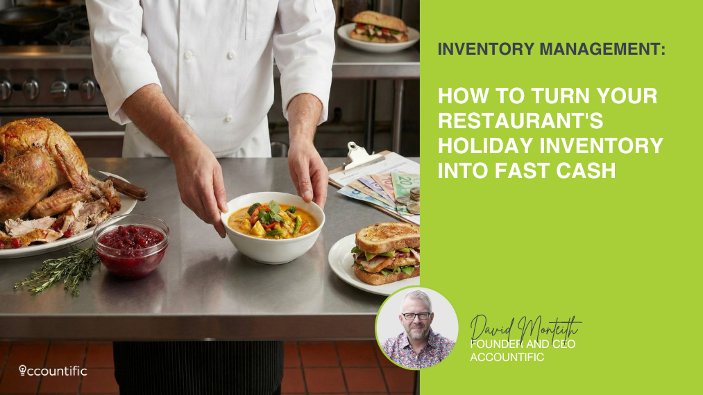 A split-screen graphic showing a chef in a kitchen presenting turkey curry and a sandwich made from holiday leftovers alongside Canadian cash. The right side features a green banner with the text "INVENTORY MANAGEMENT: HOW TO TURN YOUR RESTAURANT'S HOLIDAY INVENTORY INTO FAST CASH" and a portrait of David Monteith, Founder and CEO of Accountific.