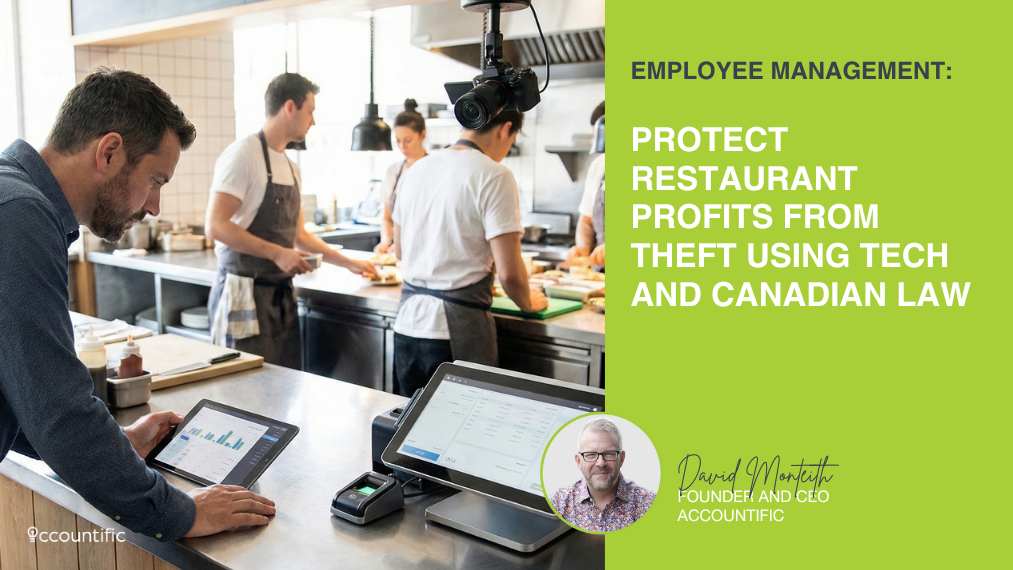 Restaurant manager analyzing financial data on a tablet next to a biometric POS system in a commercial kitchen, illustrating modern employee theft prevention and Canadian law compliance strategies by Accountific.