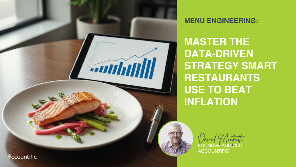 Professional overhead shot of a grilled salmon entrée with spring asparagus on a restaurant table, featuring a tablet displaying a rising financial growth chart and the Accountific logo for data-driven menu engineering.