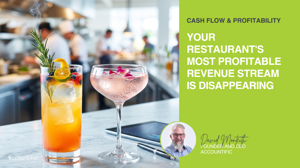 An Accountific blog header. Left: two ornate cocktails at a busy bar. Right: text headline on green background reads 'YOUR RESTAURANT'S MOST PROFITABLE REVENUE STREAM IS DISAPPEARING'. Includes circular photo of CEO David Monteith.