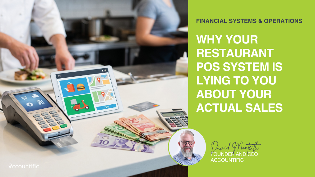 Cover graphic for an Accountific blog post titled "Why Your Restaurant POS System Is Lying to You About Your Actual Sales." The left side shows a commercial kitchen counter with a payment terminal, a tablet displaying food delivery apps, Canadian currency, and a calculator. The right side features the article title on a green background alongside a headshot of David Monteith, Founder and CEO of Accountific.