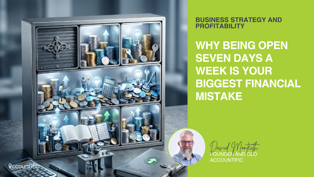 Blog cover graphic featuring a compartmentalised metallic safe filled with coins, miniature professionals, and a calculator, alongside the article title "Why Being Open Seven Days a Week Is Your Biggest Financial Mistake" by David Monteith, Founder and CEO of Accountific.
