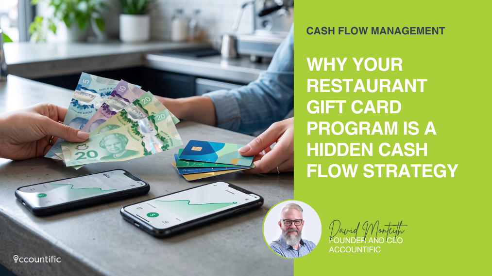 A professional marketing graphic for Accountific titled "Why Your Restaurant Gift Card Program Is a Hidden Cash Flow Strategy." On the left, a realistic, high-definition photograph shows hands exchanging a fan of colourful Canadian polymer banknotes ($5, $10, and $20 bills) and a stack of unbranded restaurant gift cards over a modern concrete countertop. Two smartphones lie flat on the counter, displaying clean financial dashboards with rising green trend lines. The background shows a softly blurred, contemporary restaurant kitchen. The right side of the image features a solid lime green panel with bold white text outlining the title under the header "Cash Flow Management," alongside a circular professional headshot of David Monteith, Founder and CEO of Accountific. The Accountific logo is cleanly placed in the bottom-left corner.