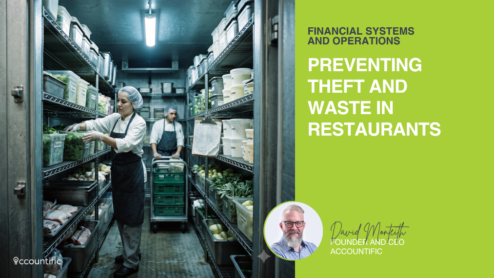 Presentation graphic titled "Preventing Theft and Waste in Restaurants" featuring two restaurant workers organising inventory in a walk-in cooler, alongside a portrait of David Monteith, Founder and CEO of Accountific.