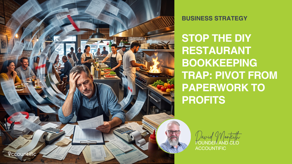 Stressed restaurant owner buried in receipts and paperwork while his busy dining room and kitchen run behind him, illustrating the DIY bookkeeping trap