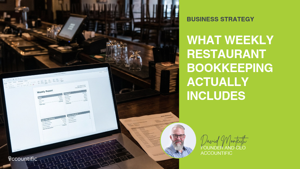 Restaurant owner reviewing a one-page weekly bookkeeping report on a laptop at the bar after close, by Accountific founder David Monteith