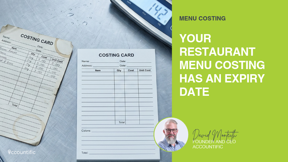 A split graphic. The left side shows a stainless steel kitchen counter with an old, stained costing card, a new blank costing card, and a digital scale. The right side features a green background with the text "Menu Costing" and "Your Restaurant Menu Costing Has an Expiry Date," alongside a photo of David Monteith, Founder and CEO of Accountific.